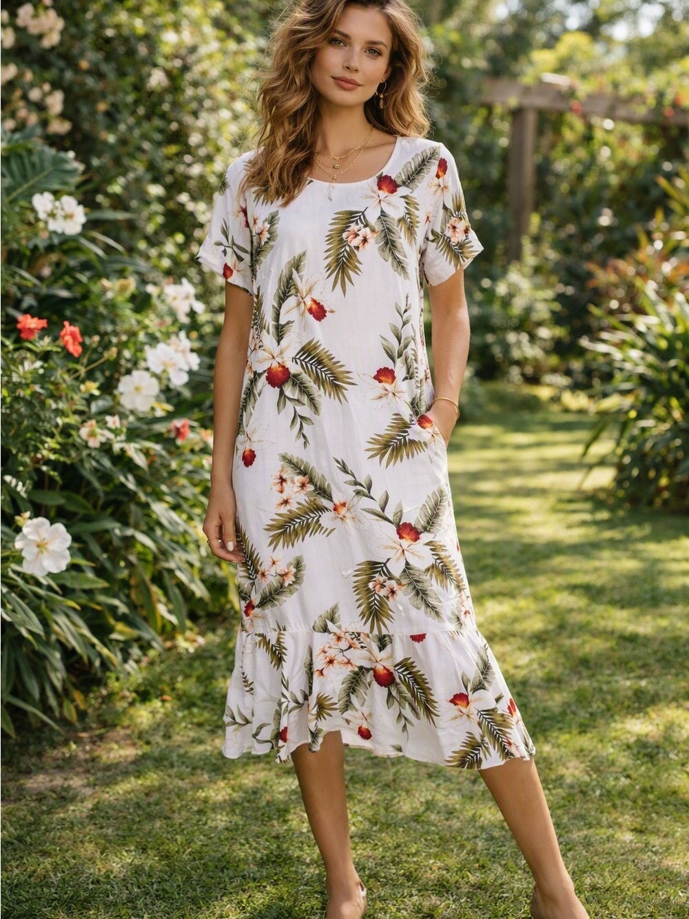 Two Palms Hawaiian Floral Flounced Hibiscus Plumaria Print Scoop Neck Dress